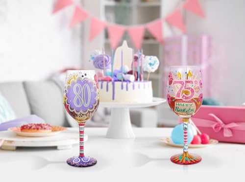 Enesco Lolita Happy 80th Birthday Hand-Painted Artisan Wine Glass, 15 Ounce, Multicolor