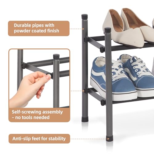 Expandable 2-Tier Metal Shoe Rack - Stackable Shoe Organizer for Closet