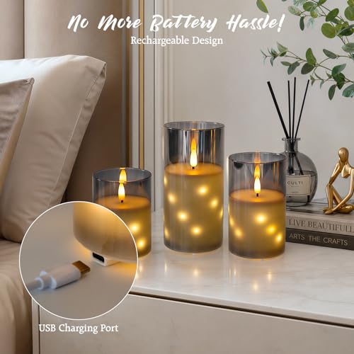 Rechargeable Glass Flameless Candles with Remote & Timer, 3D Wick, Grey-Embedded Fairy Lights, Real Wax 3-Pack