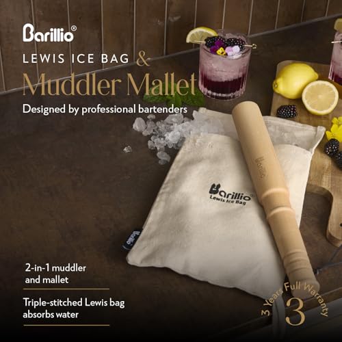 Barillio 13.75 Inch Wooden Muddler & Ice Hammer with Canvas Crushing Bag - Cocktail Bar Tool Set