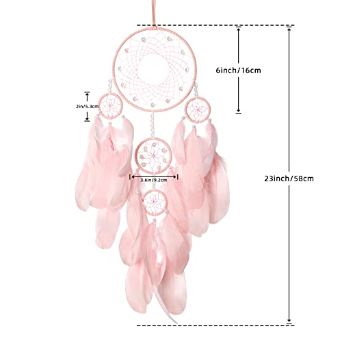 Pink Handmade Dream Catcher Wall Hanging Decor - 23-inch Feather Ornament