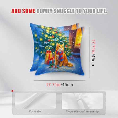 HOMETITUTE Christmas Cat Throw Pillow Covers Set of 2 18x18 Inches - Winter Holiday Decor