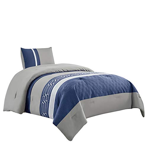 Twin Comforter Set with Embroidered Quilted Design - Blue/Grey/White