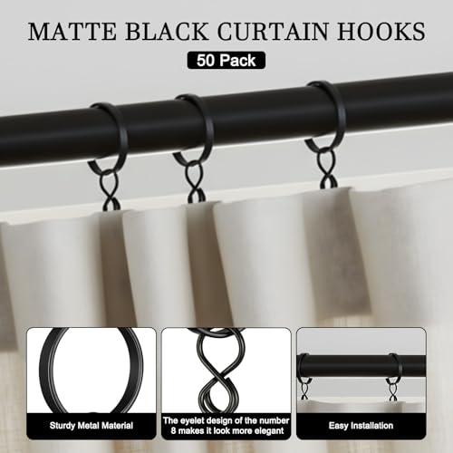 Otoolling Black 1.5 Inch Metal Curtain Rings with Eyelets Clips, Pack of 50