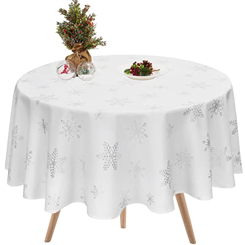 BLEUM CADE Silver Snowflake Christmas Tablecloth 55-inch Round Waterproof Holiday Decor