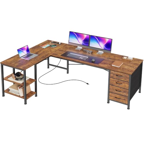 55-Inch L-Shaped Computer Desk with Drawers, Power Outlets and USB-C Port