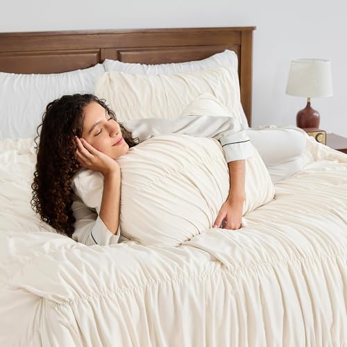 Beige Ruched Queen Comforter Set - 3 Piece Boho Bedding