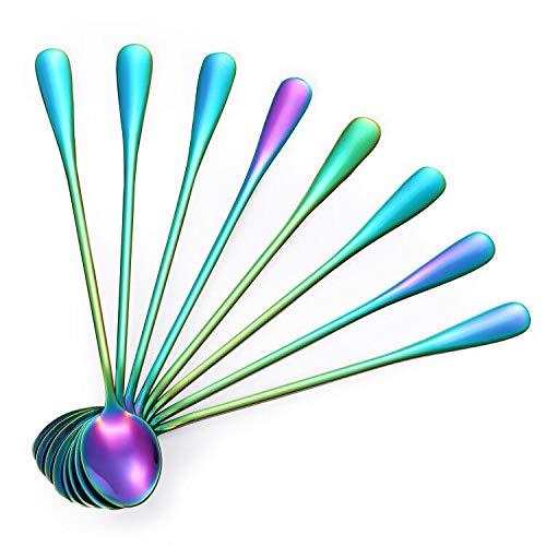 Marco Almond® Long Handle Spoons, Colorful Plated Latte Spoon, Stainless Steel Ice Cream Spoon, Iced Tea, Cocktail Stirring,Tea, Coffee, Milkshake Dessert Spoons, Pack of 8