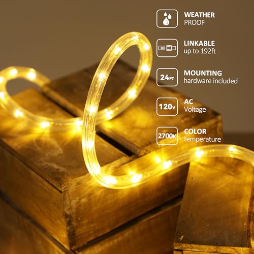 24ft LED Rope Light, Waterproof Warm White Flexible Strip for Indoor Outdoor