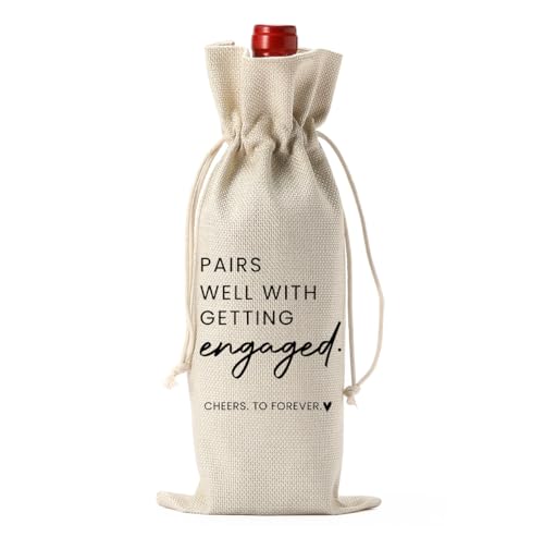 Engagement Wine Bottle Bag - Burlap Drawstring Gift Bag for Couples