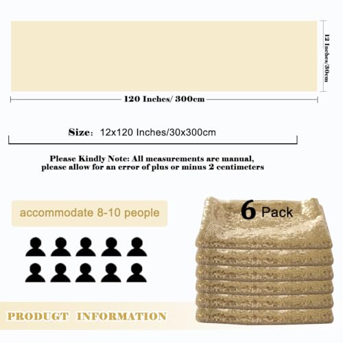 CHHEART Champagne Gold 12x120 Inch Sequin Table Runners (Pack of 6)