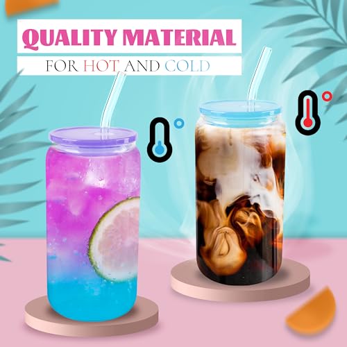 8-Piece 16oz Can-Shaped Glass Cup Set with Colorful Lids, Straws and Brushes