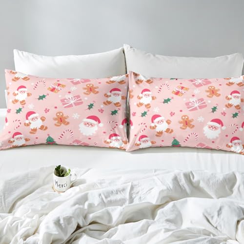 Feelyou Merry Christmas Bed Sheets 3Pcs Full Size Kids Pink Brown (No Flat Sheet) – Fitted Sheet Set