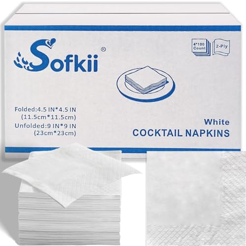 Sofkii 400 Count White Cocktail Napkins - 4.5x4.5 Inch 2-Ply Bulk Beverage & Party Napkins - Variation: White-400