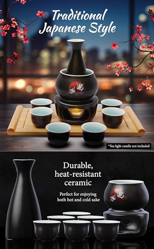 LOONCREST Black Japanese Ceramic Sake Set with Cups Bottle Warmer & Carrying Case