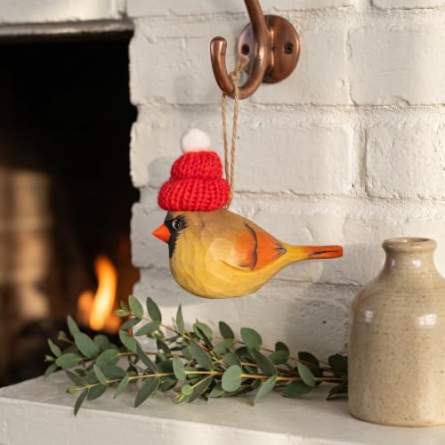 Hand-Carved Wooden Cardinal Ornament with Red Knit Hat - Gift Boxed