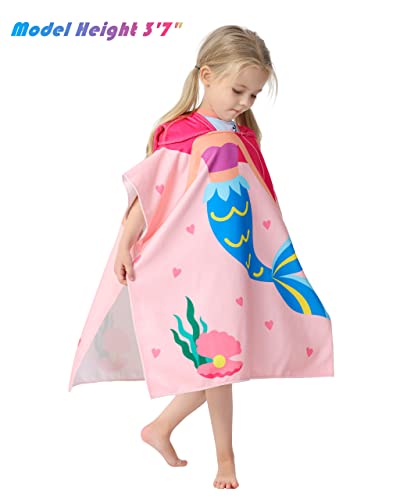 Pink Mermaid Hooded Beach Towel for Toddler Girls - Soft Microfiber Poncho