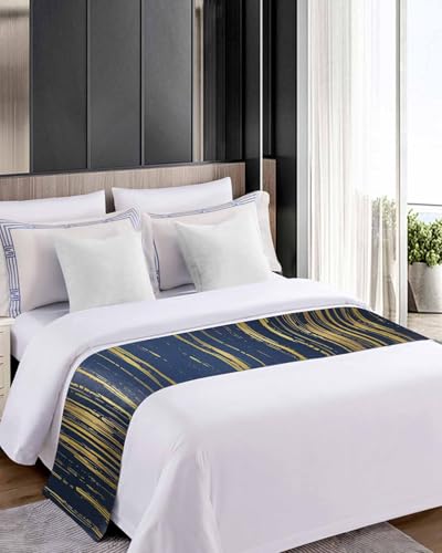 Navy Blue & Gold Line Satin Bed Runner - Modern Bed Scarf for Queen Bed