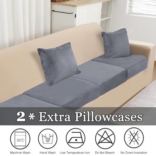 L-Shape Sectional Couch Cover Set - 4-Piece Velvet Slipcovers with Pillowcases - Dark Grey