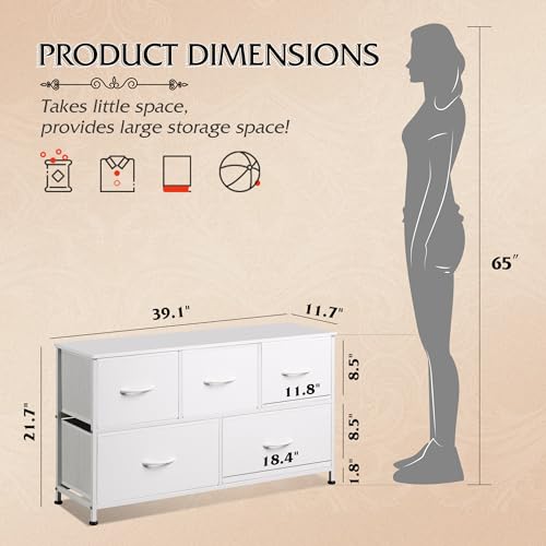 5-Drawer Wide Storage Dresser Chest with Fabric Bins & Wood Top - White