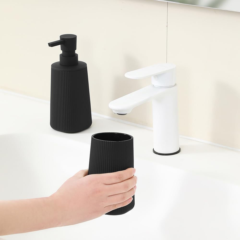YAUKPH Bathroom Accessories Set - 2-Piece Soap Dispenser & Toothbrush Holder | Striped Black Design