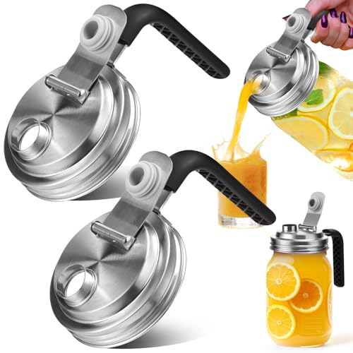 Stainless Steel Wide Mouth Mason Jar Pour Spout Lid with Handle (2 Pack)