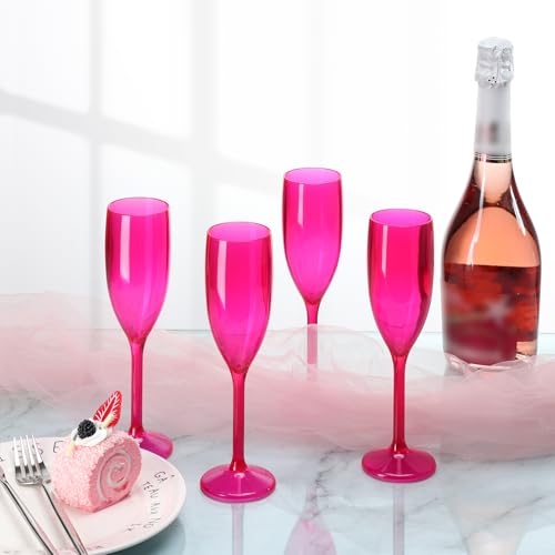 XUWAIDSGN Hot Pink Acrylic Champagne Flutes - Reusable Unbreakable Toasting Glasses, 10 Pack Wedding & Party