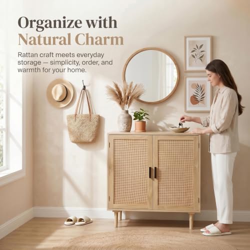 Boho Sideboard Buffet Cabinet with Rattan Doors, Kitchen Storage Console