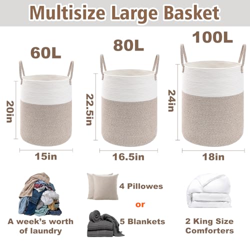 JMvicyroam 60L Cotton Rope Laundry Basket & Blanket Hamper in Brown