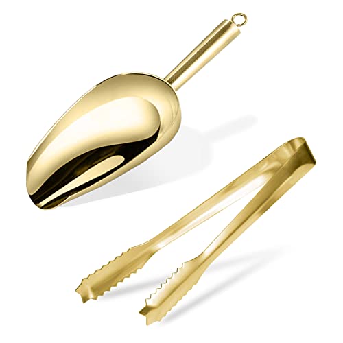 Gold Stainless Steel Ice Scoop & Tongs Set for Bar & Party Use - 7 Inch