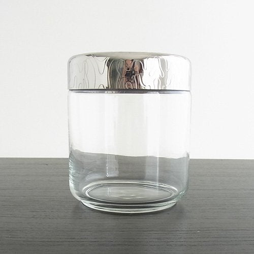 Alessi MW21/75 "Dressed" Glass Jar Hermetic Lid in 18/10 Stainless Steel Mirror Polished With Relief Decoration, Silver