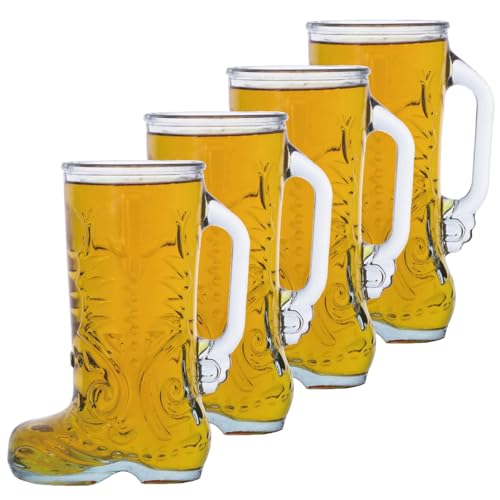 21 Oz Glass Beer Boot Mugs with Handles - Set of 4 Lead-Free Stein Glasses