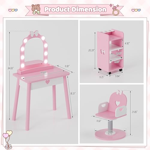Kids Wooden Vanity Set with Lighted Mirror, Barber Chair & Salon Accessories