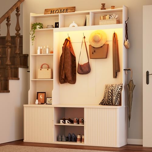 77" Tall Hall Tree with Bench, Shoe Storage, Coat Rack & RGB LED Lighting