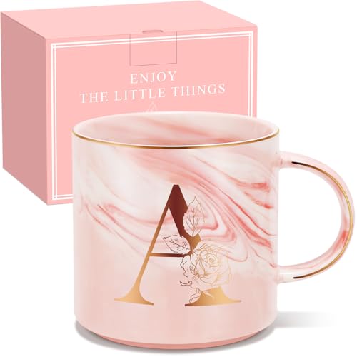Uwingess A Personalized Initial Mug with Gift Box - Pink Marble Coffee Cup for Women
