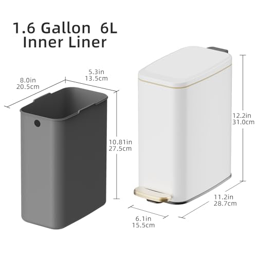 Slim Stainless Steel Trash Can with Soft-Close Lid and Pedal - 1.6 Gal