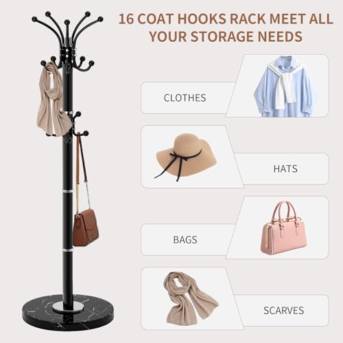 Rotating Coat Rack Stand with 16 Hooks and Natural Marble Base