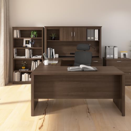 Bestar Logan U-Shaped Office Desk Bundle with Hutch, File Cabinet & Bookcase