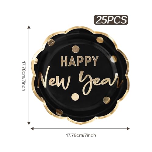 LeZakaa 25Pcs Christmas Paper Plates 7 Inch Black & Gold New Year Design