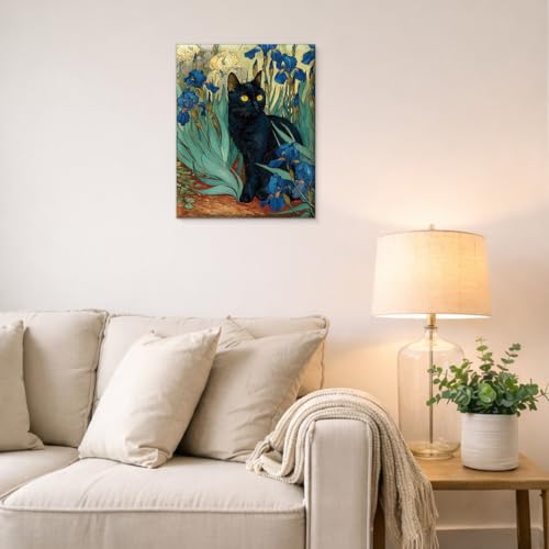 Suifad Oil-9 Vintage Floral Cat Wall Art 8x10 in Framed Canvas Print - Blue Flowers