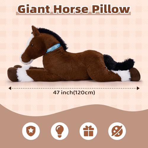 Tezituor 47-Inch Chocolate Horse Plush Pillow for Kids & Adults, Giant Riding & Decor Toy