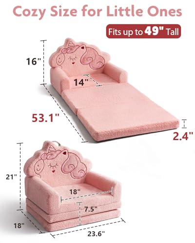 2-in-1 Fold Out Kids Couch, Pink Unicorn Toddler Lounger Chair