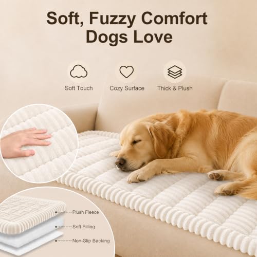 Non-Slip Plush Pet Sofa Protector - Washable Couch Cover, White (27.6" x 59")