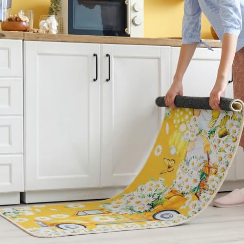 3-Piece Yellow Daisy Kitchen Rug Set, Non-Slip Washable Floral Floor Mats