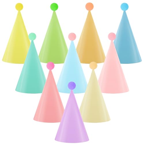 10 Pack Pastel Party Hats for Kids & Adults with Pom Poms