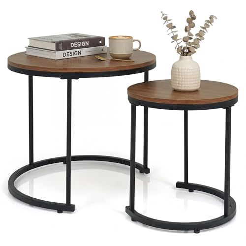 Nesting Coffee Table Set of 2, Round Wooden Stacking End Tables