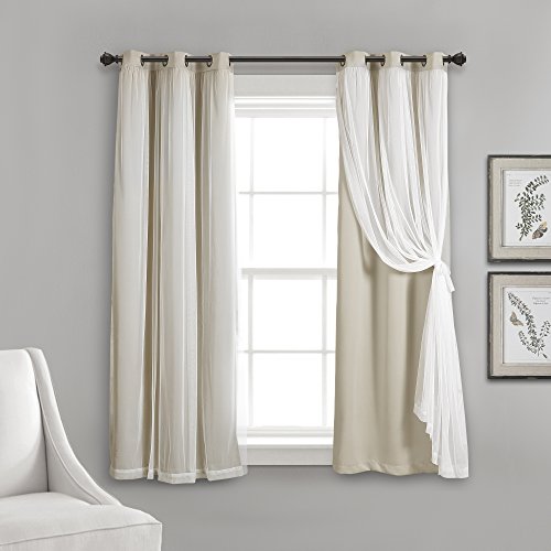 Lush Decor Sheer Grommet Curtains With Insulated Blackout Lining, Window Curtain Panels, Pair, 38"W x 45"L, Wheat - Curtain With Sheer Overlay, Elegant Blackout Curtains for Bedroom