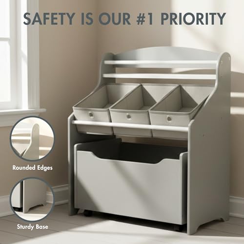 3-in-1 Kids Bookshelf and Rolling Toy Storage Organizer with Fabric Bins