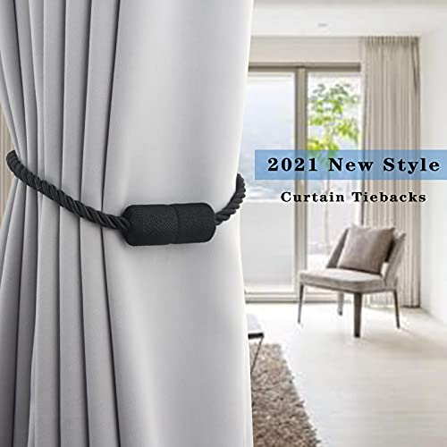 Magnetic Curtain Tiebacks 2 Pack - Black Woven Rope Holdbacks No Drill