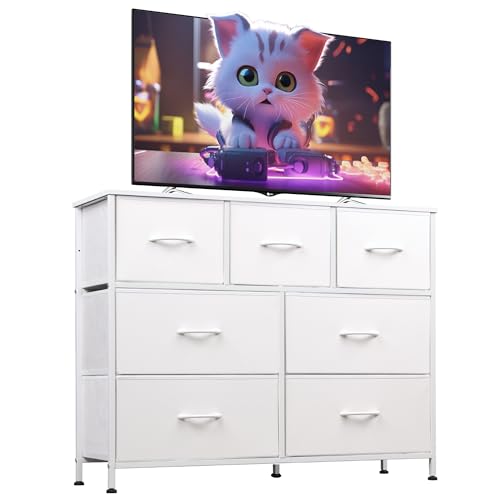 7-Drawer Fabric Dresser & TV Stand for Bedroom & Living Room - White